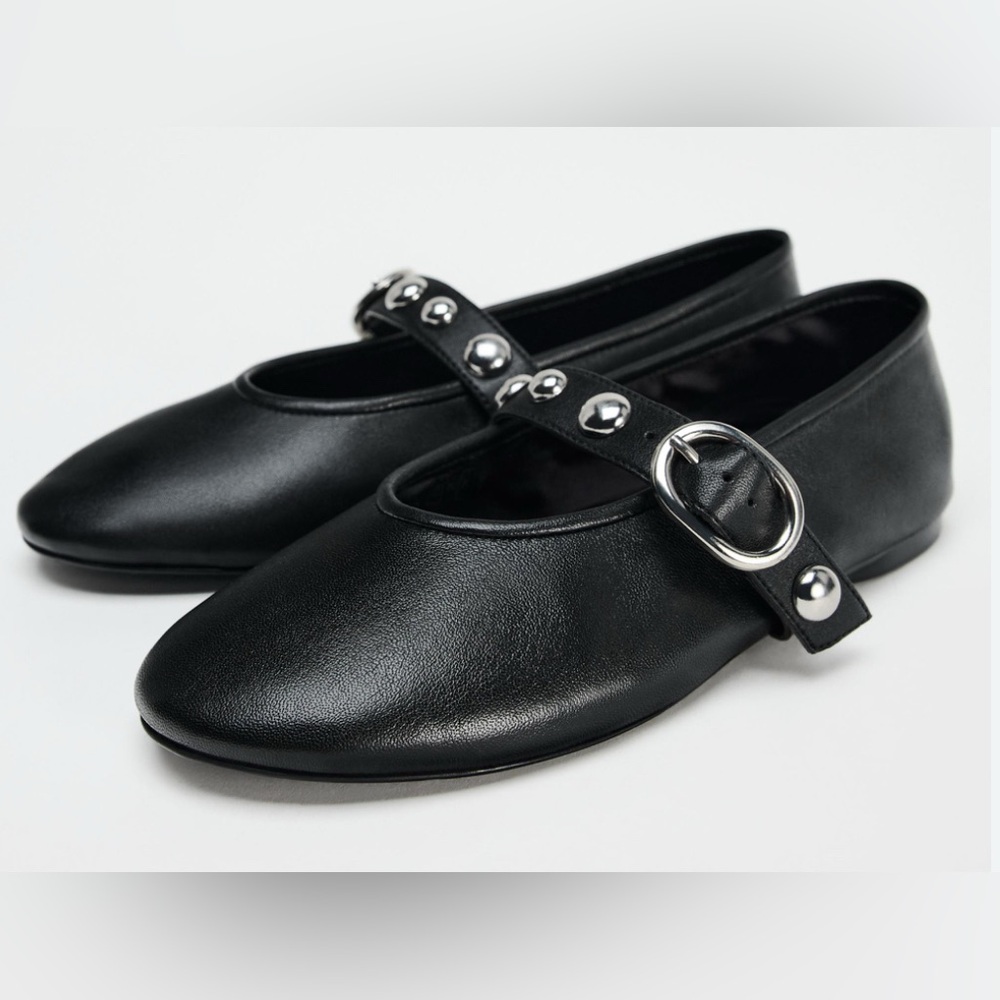 ZARA Black Ballet Flats with Silver Studded Strap